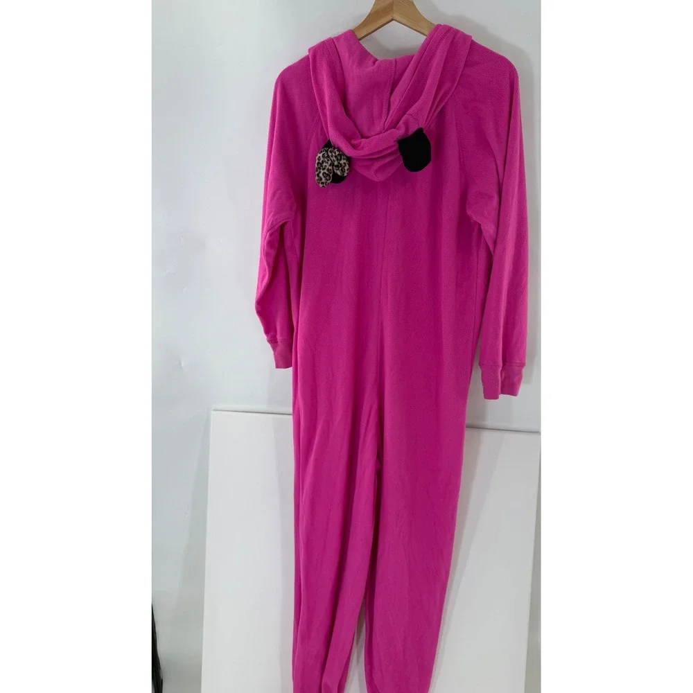 Disney Minnie Mouse Pink Fleece Hooded One Piece Pajamas Union Suit Leopard L - Picture 5 of 9